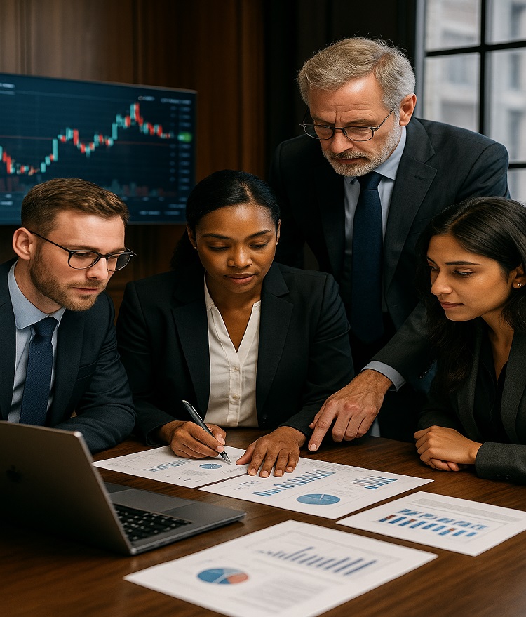 Investment strategists at Rushen Investment reviewing multi-asset allocations